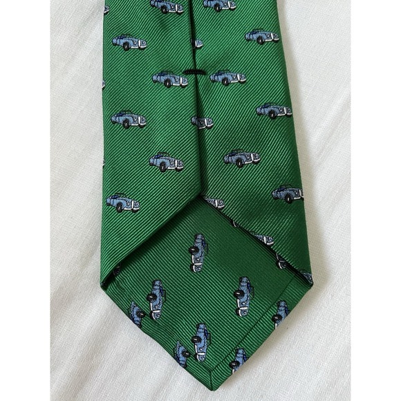 ✨ G.H. Bass & Co Men's Tie - Green w/ Blue‎ Cars - 100% Silk - Picture 2 of 4